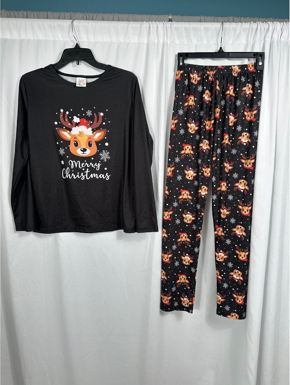 Girls Black Merry Christmas Reindeer Pajama Set Size 14Y